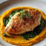 Pečené kuřecí prsa s dýňovým pyré a dušeným špenátem