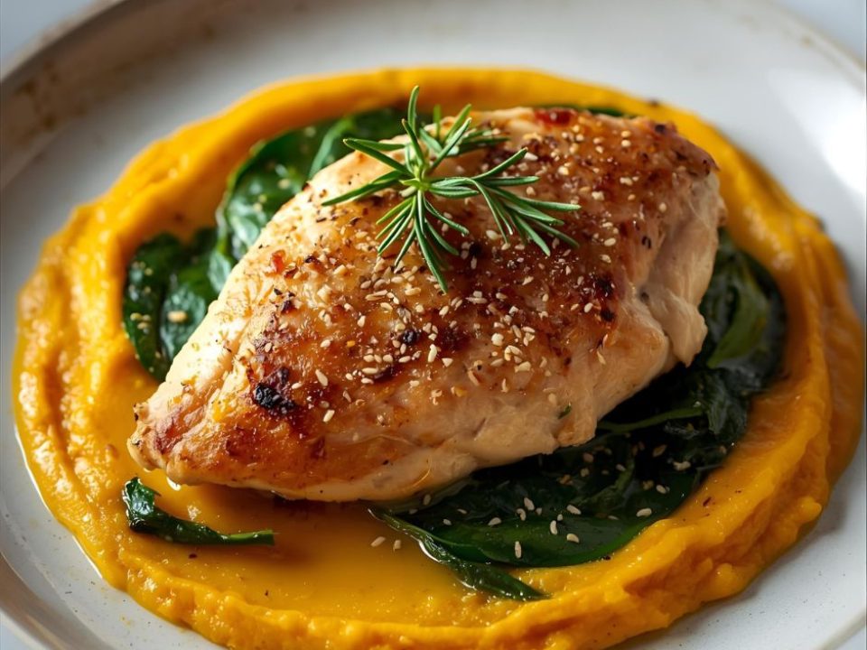 Pečené kuřecí prsa s dýňovým pyré a dušeným špenátem