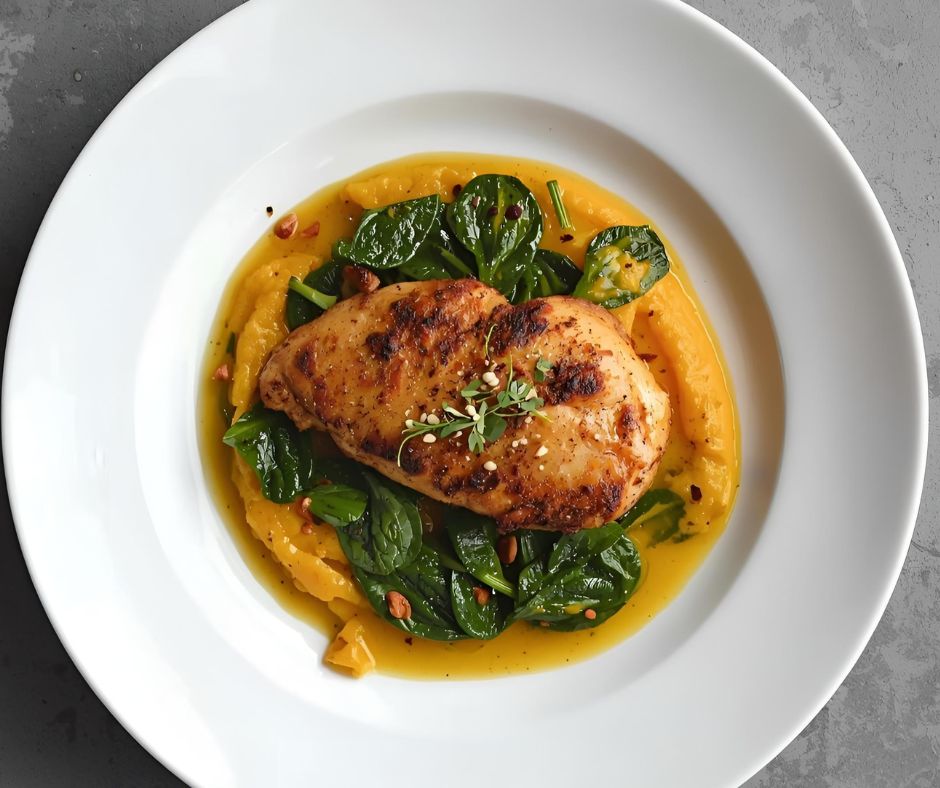 Pečené kuřecí prsa s dýňovým pyré a dušeným špenátem