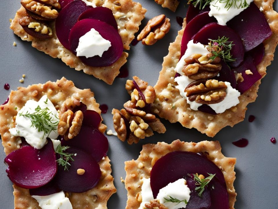 Jednohubky s kozím sýrem, řepou a vlašskými ořechy