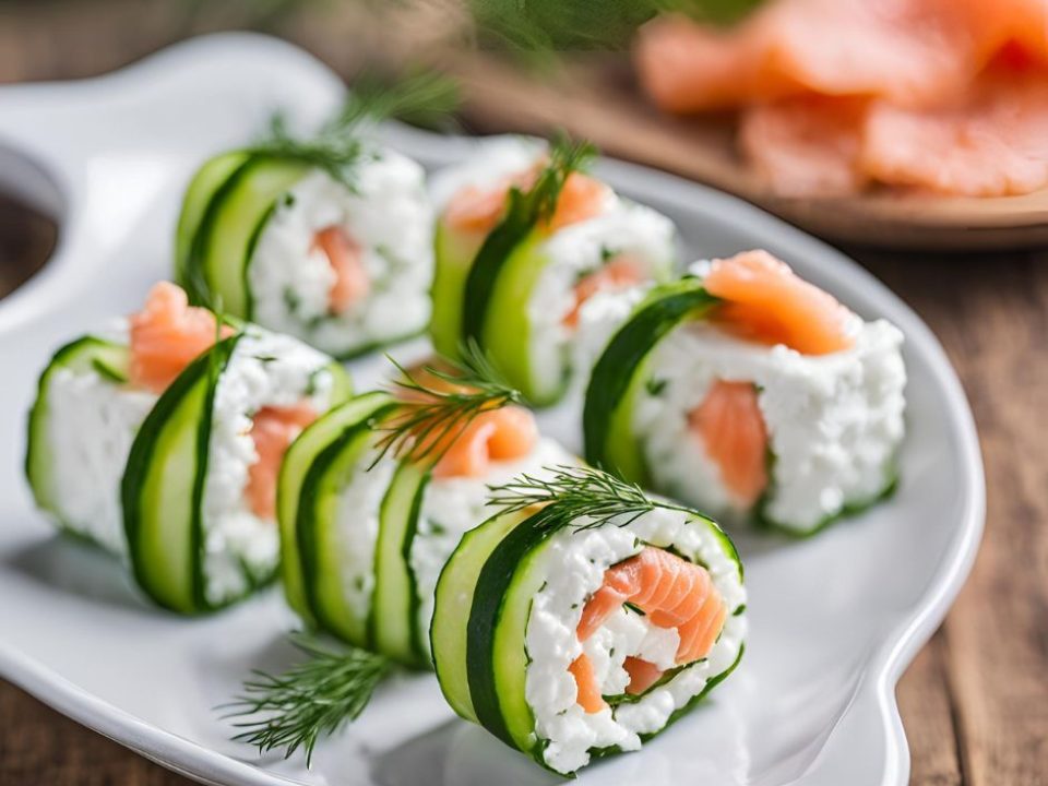 Okurkové rolky s tvarohem a uzeným lososem