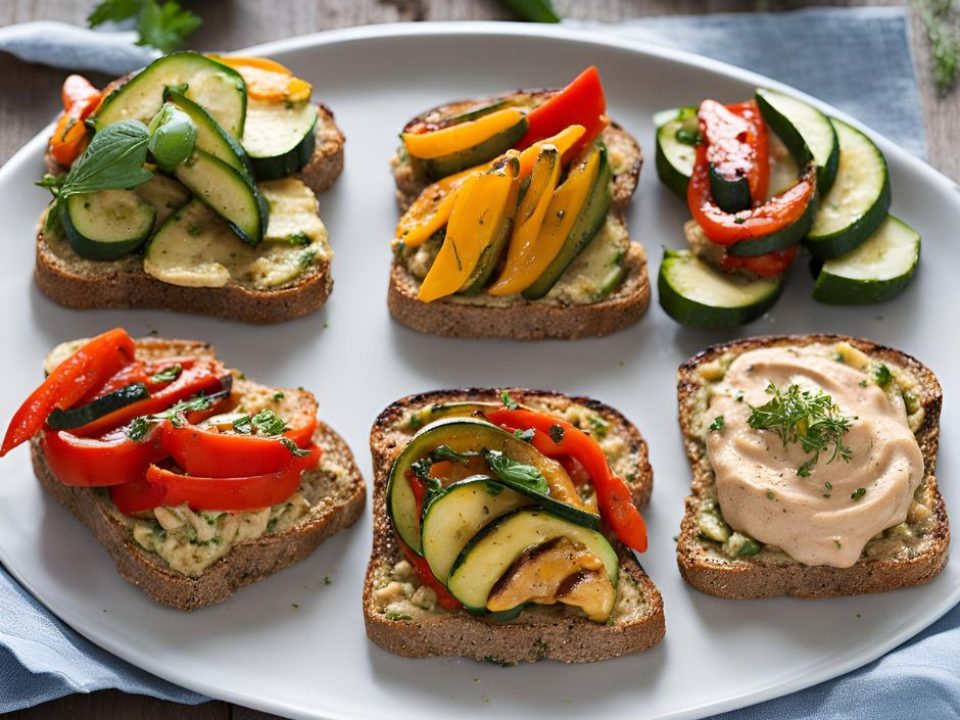 Mini celozrnné toasty s hummusem a grilovanou zeleninou