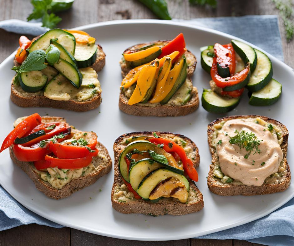 Mini celozrnné toasty s hummusem a grilovanou zeleninou